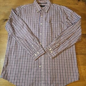 Club Room 100% Cotton Long Sleeve Red White Blue Plaid Button Up Shirt Size L